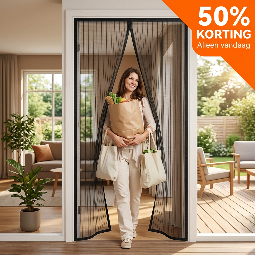 Black mesh door screen fitted across an open exterior doorway