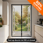 Black mesh door screen fitted across an open exterior doorway