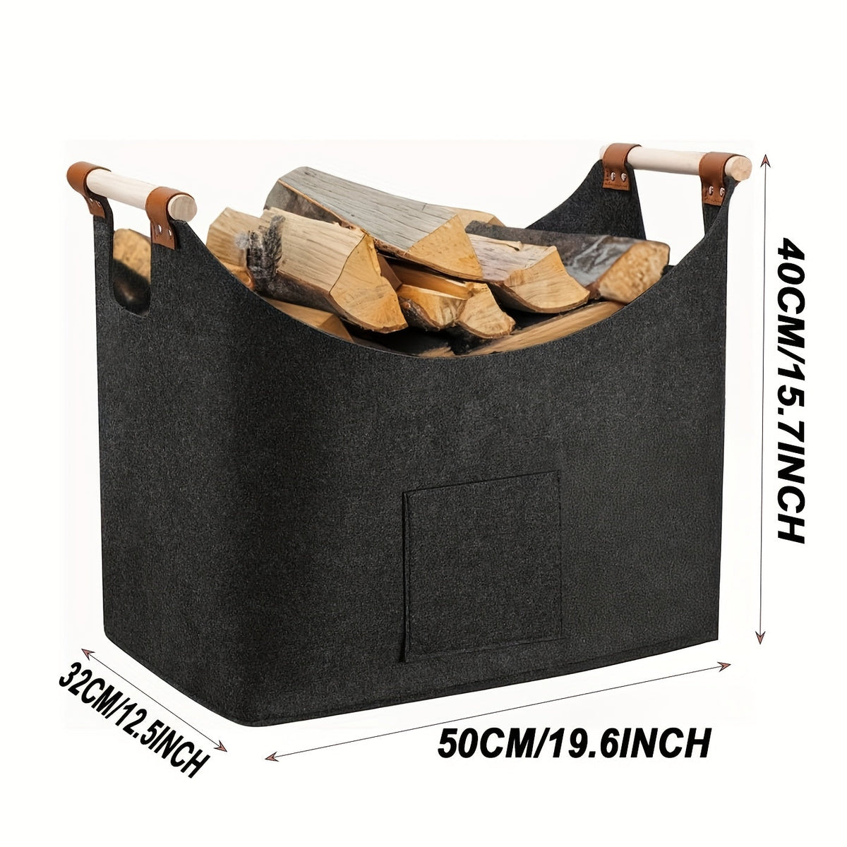 Black felt firewood basket with wooden handles and front pocket