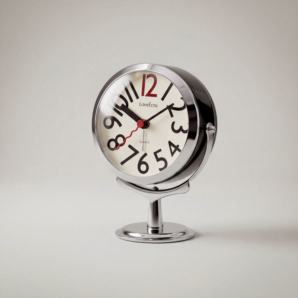 Round analogue alarm clock with bold numerals and raised metallic-effect stand