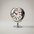 Round analogue alarm clock with bold numerals and raised metallic-effect stand