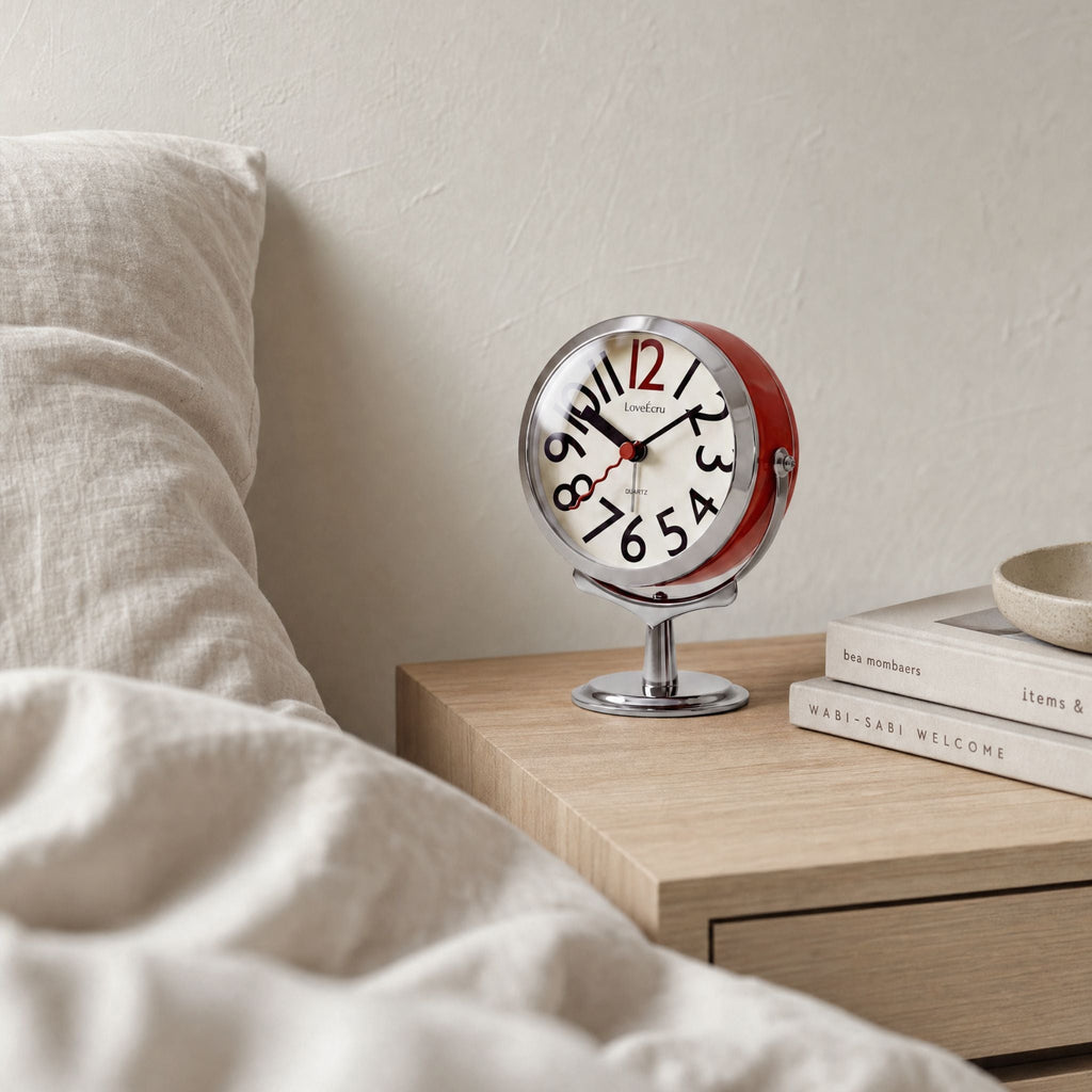 Round analogue alarm clock with bold numerals and raised metallic-effect stand