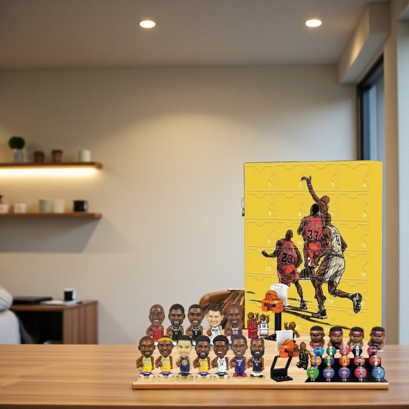 Yellow basketball-themed advent calendar with 24 numbered doors