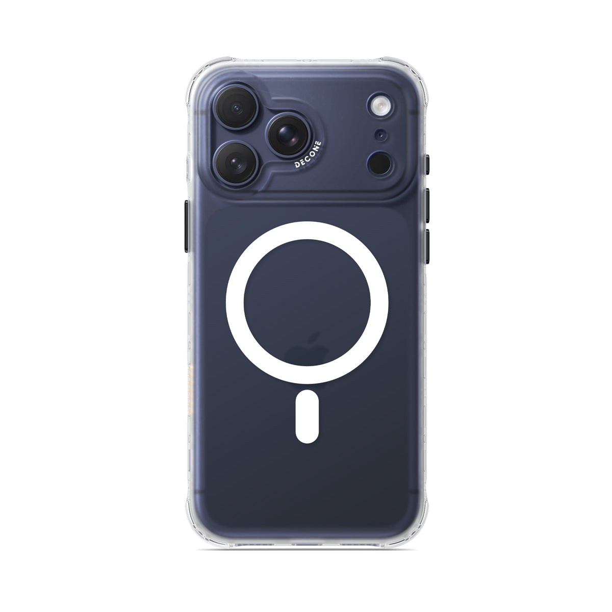 Clear translucent iPhone case with white circular ring and camera cutout