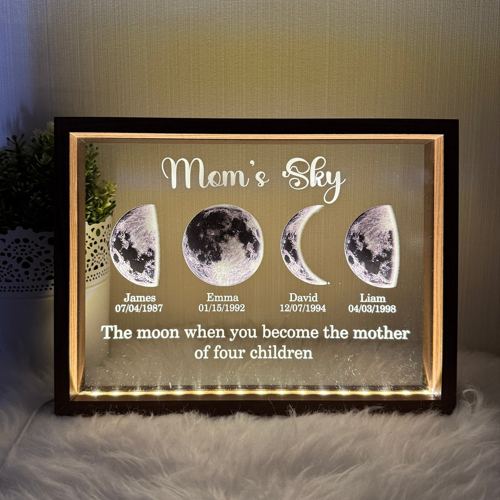 Illuminated black framed moon phase family display with names and dates
