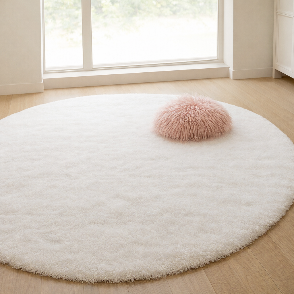 Round shaggy floor rug with a textured surface