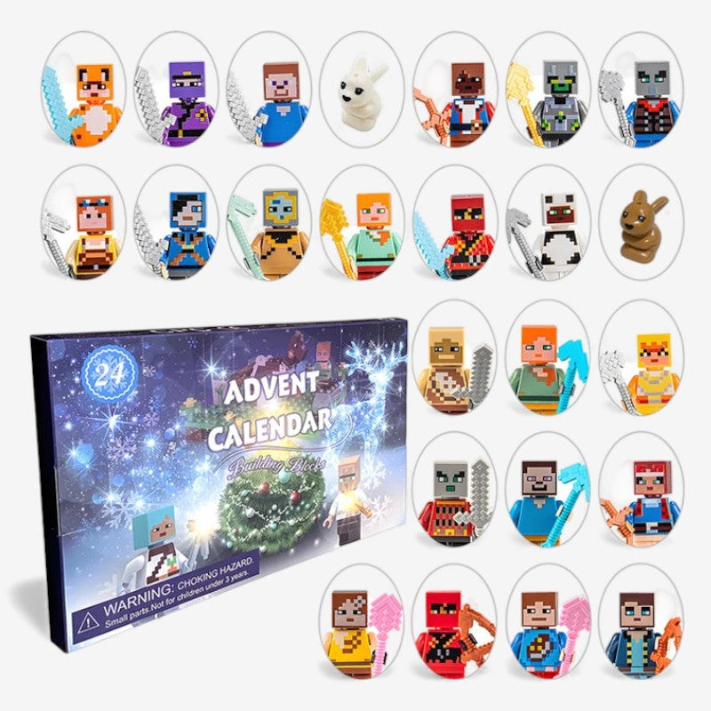 Advent calendar box with 24 colourful building block-style character minifigures