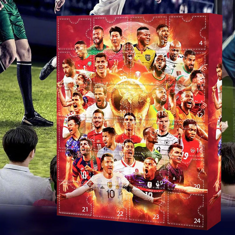 Red football advent calendar with 24 numbered doors and player artwork