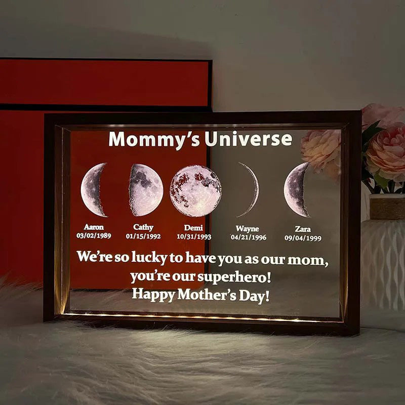 Illuminated black framed moon phase family display with names and dates