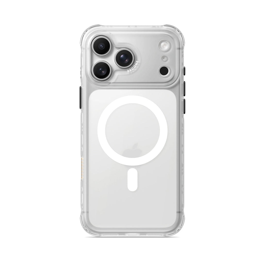 Clear translucent iPhone case with white circular ring and camera cutout