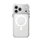 Clear translucent iPhone case with white circular ring and camera cutout