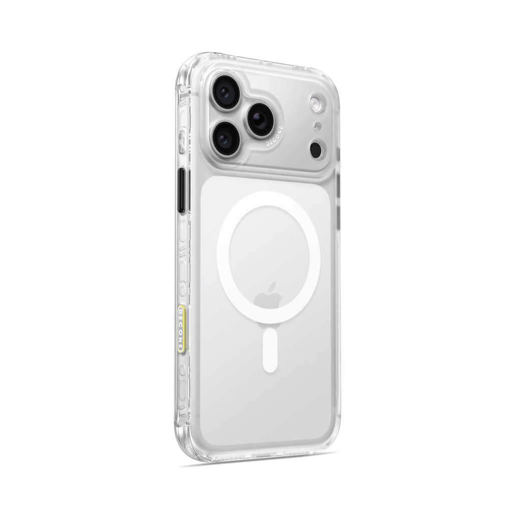 Clear translucent iPhone case with white circular ring and camera cutout