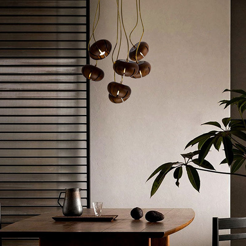 Cluster multi-light chandelier with suspended wood-effect pendant shades