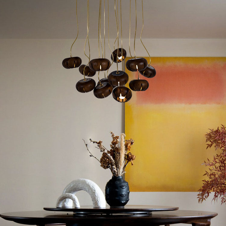 Cluster multi-light chandelier with suspended wood-effect pendant shades