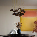 Cluster multi-light chandelier with suspended wood-effect pendant shades