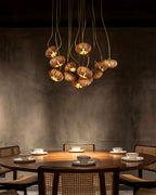 Cluster multi-light chandelier with suspended wood-effect pendant shades