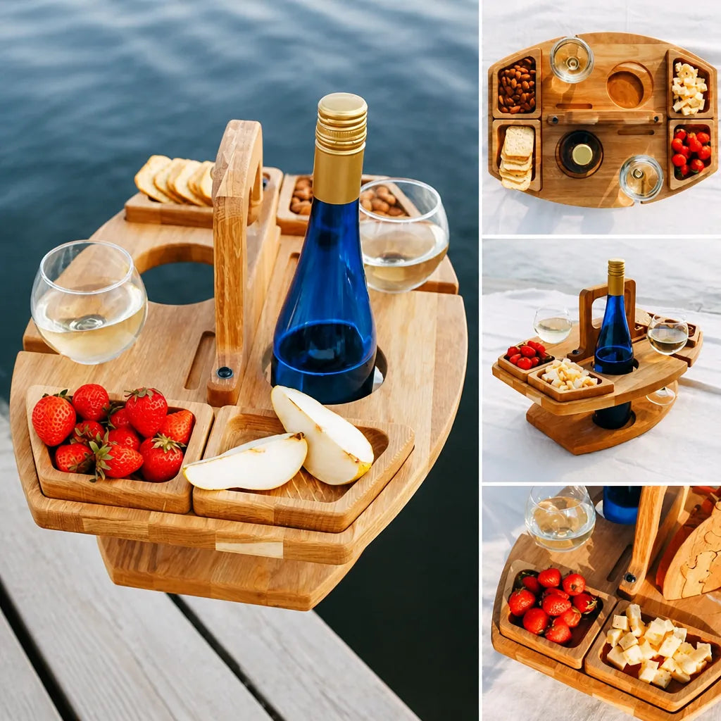 Picnara - Folding Wooden Picnic Wine Table Portable - Dark Brown
