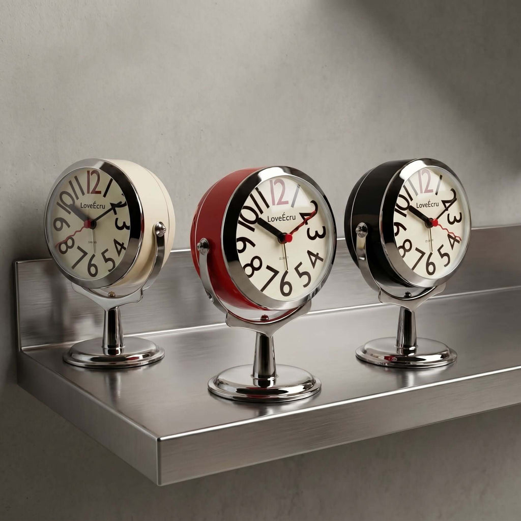 Round analogue alarm clock with bold numerals and raised metallic-effect stand