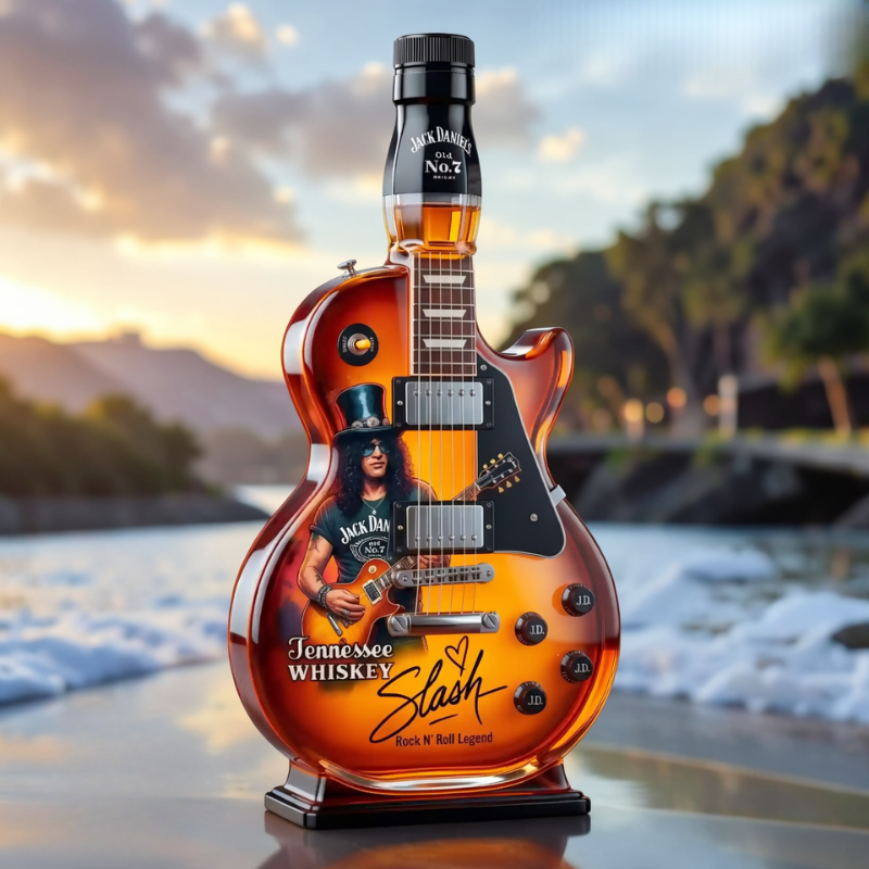 Guitar-shaped amber brown decorative decanter on a black display base