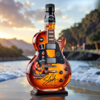 Guitar-shaped amber brown decorative decanter on a black display base