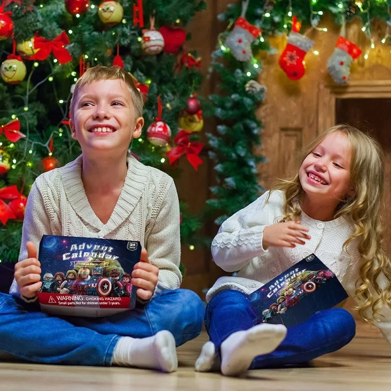 Advent calendar box with 24 colourful building block-style character minifigures