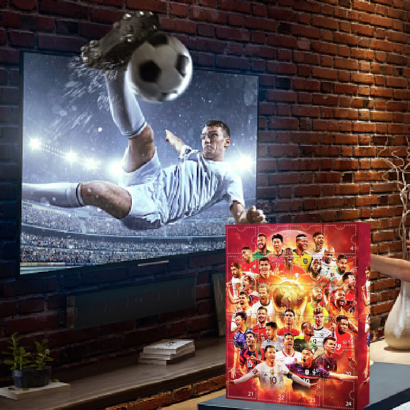 Red football advent calendar with 24 numbered doors and player artwork