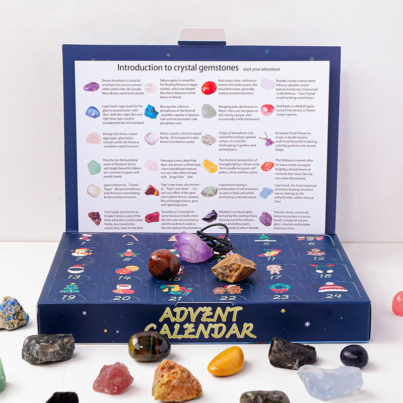 Blue crystal gem advent calendar with 24 numbered compartments and gemstone guide