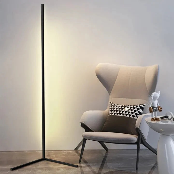 Slim dimmable LED floor lamp with vertical light bar and freestanding base