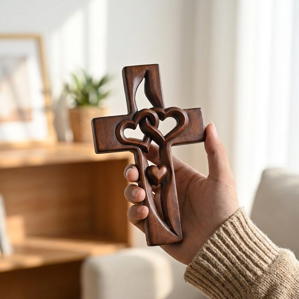 Intertwined heart cross wall decor with raised heart details
