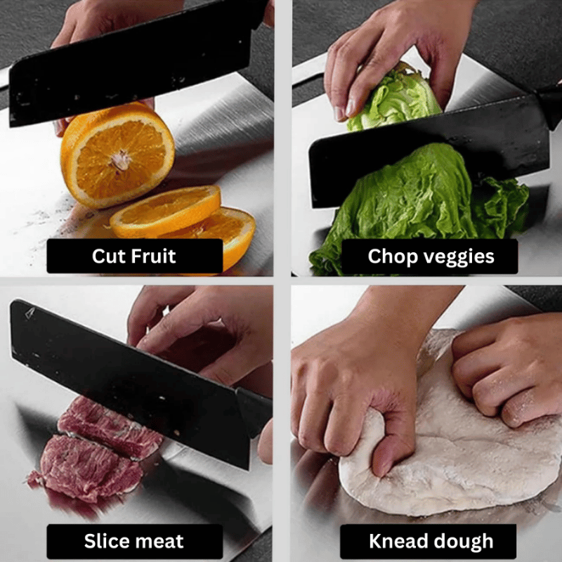 Three grey metal cutting boards with rounded corners and hanging handles
