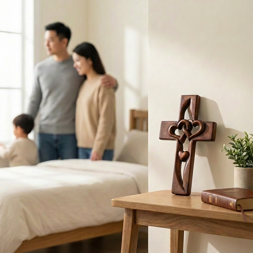 Intertwined heart cross wall decor with raised heart details