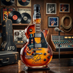 Guitar-shaped amber brown decorative decanter on a black display base