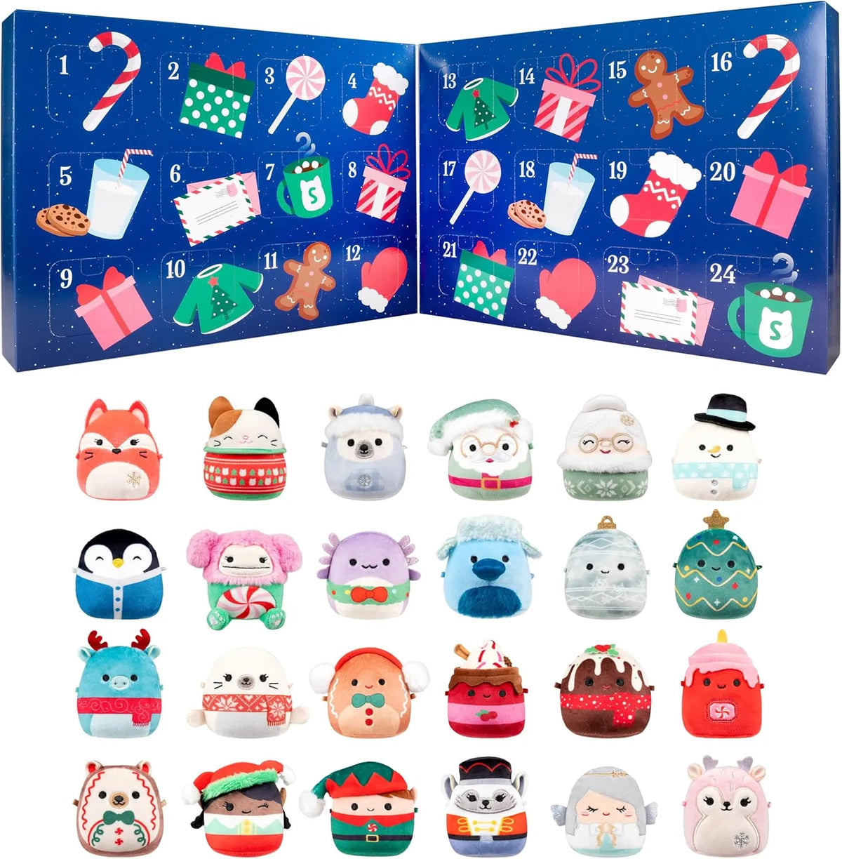 Blue 24-day Christmas advent calendar with colourful plush character figures
