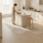 Beige kitchen floor mat with grey linear stripes