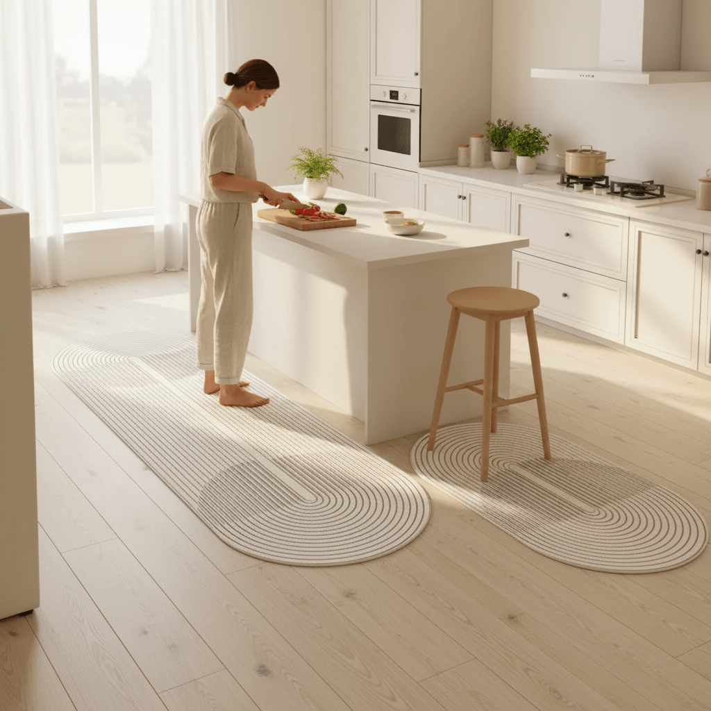 Beige kitchen floor mat with grey linear stripes