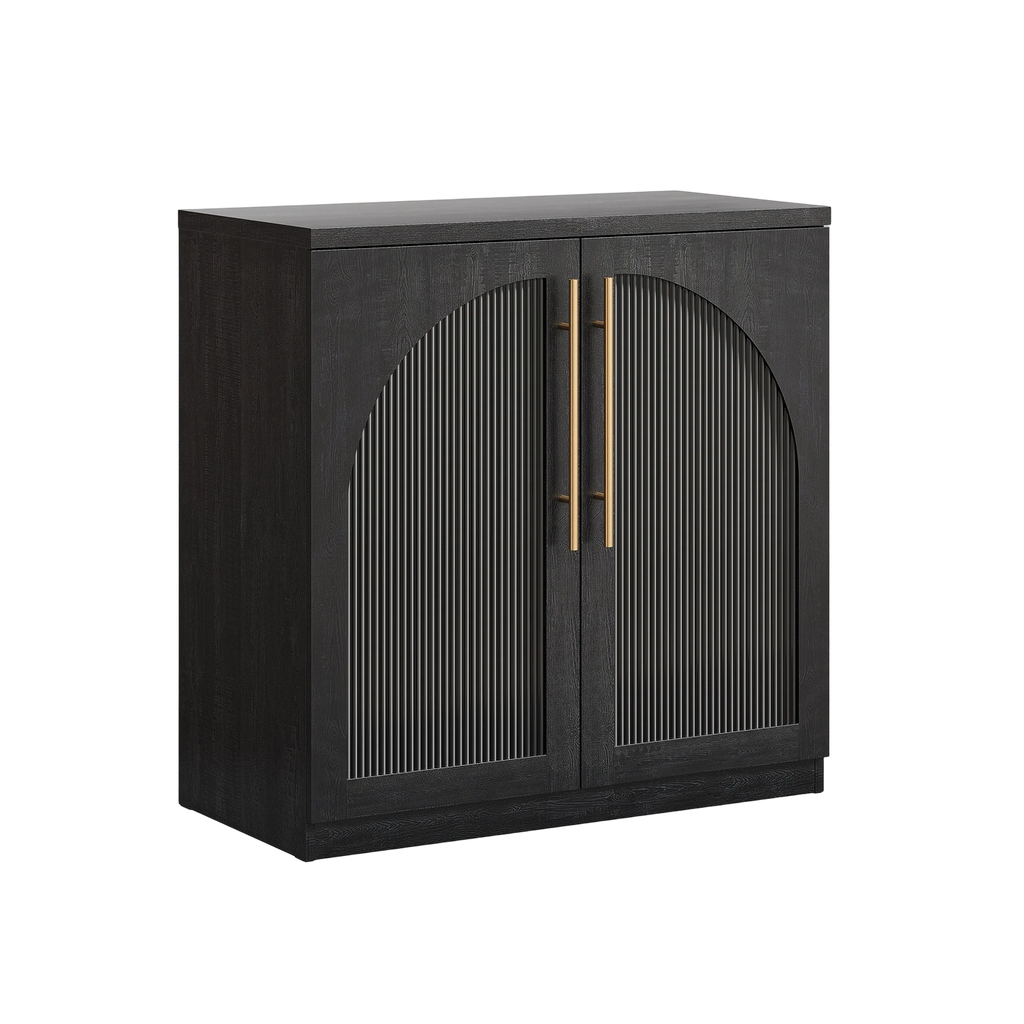 Black arched accent cabinet with fluted double doors and gold-tone handles
