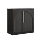 Black arched accent cabinet with fluted double doors and gold-tone handles