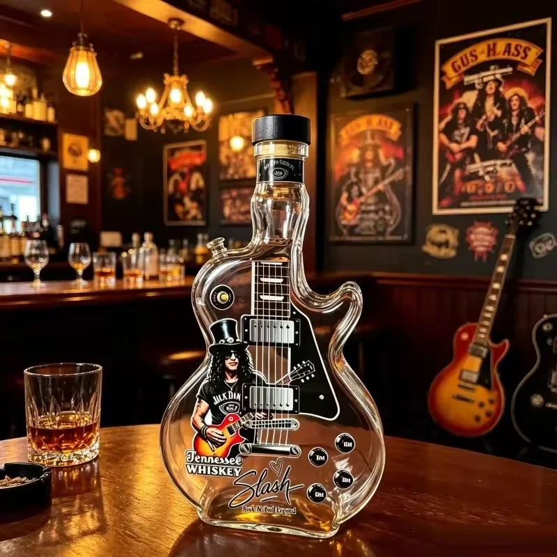 Guitar-shaped amber brown decorative decanter on a black display base
