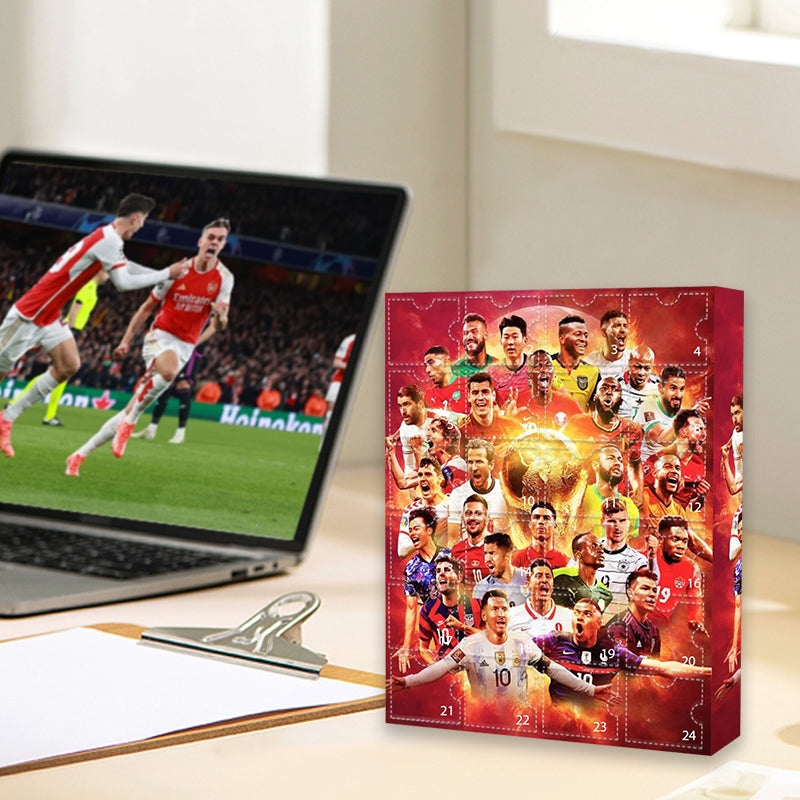Red football advent calendar with 24 numbered doors and player artwork