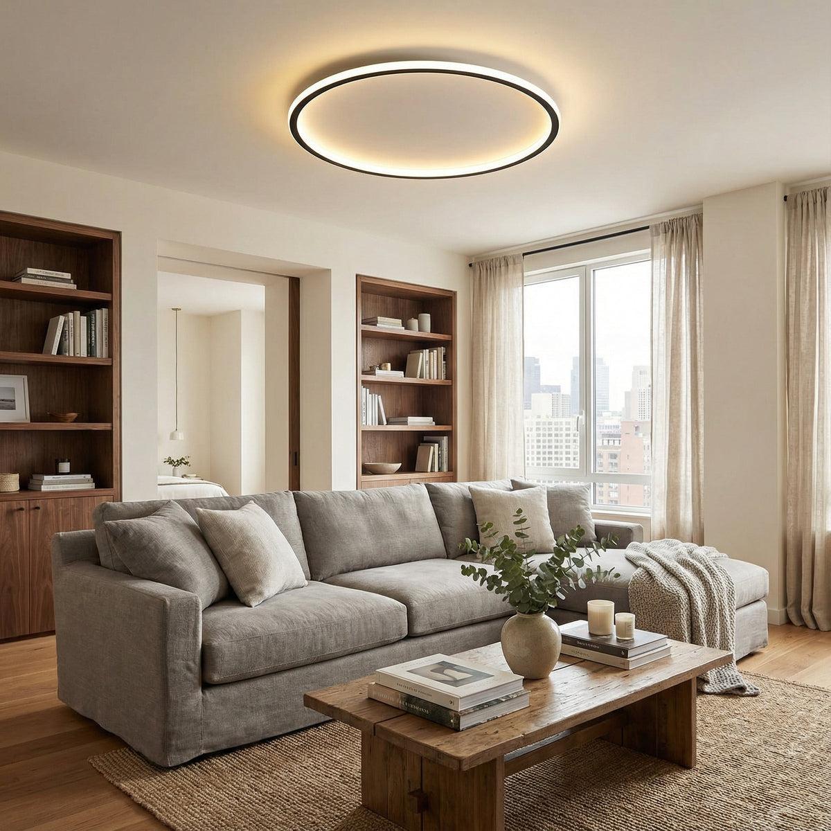 Round LED ceiling light with a circular illuminated ring