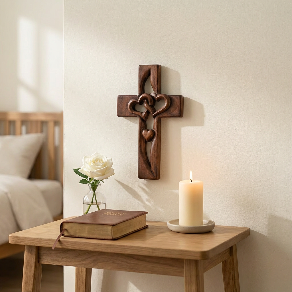 Intertwined heart cross wall decor with raised heart details