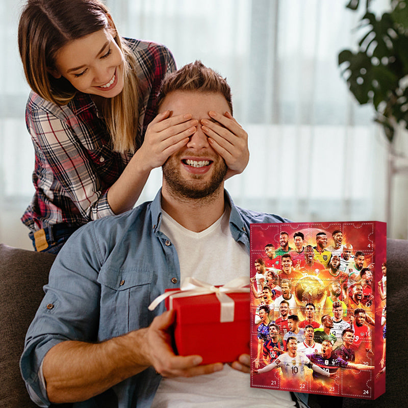 Red football advent calendar with 24 numbered doors and player artwork