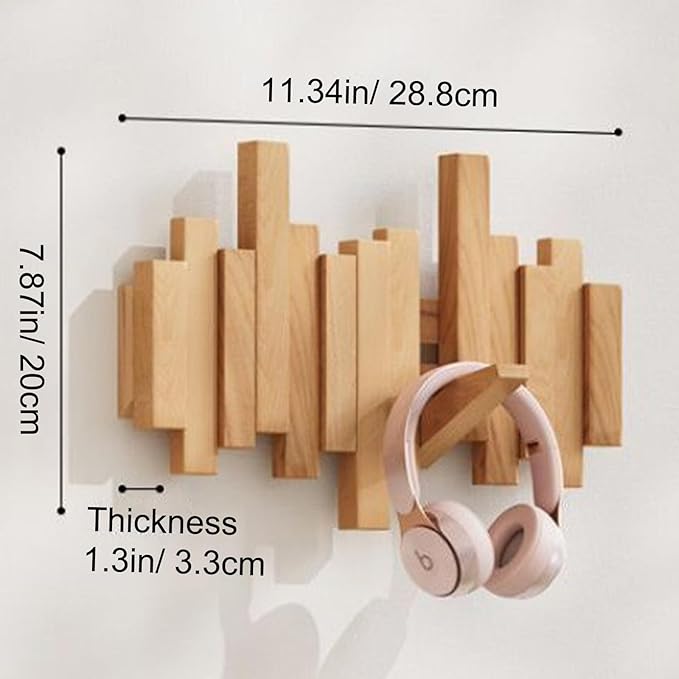 Wall-mounted wooden coat rack with staggered folding hooks