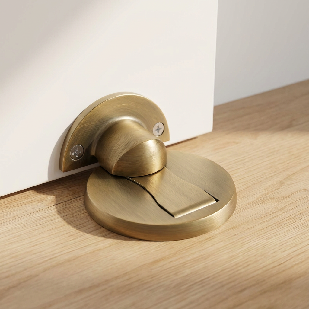 Magnetic stainless steel door stop with wall catch and circular floor plate