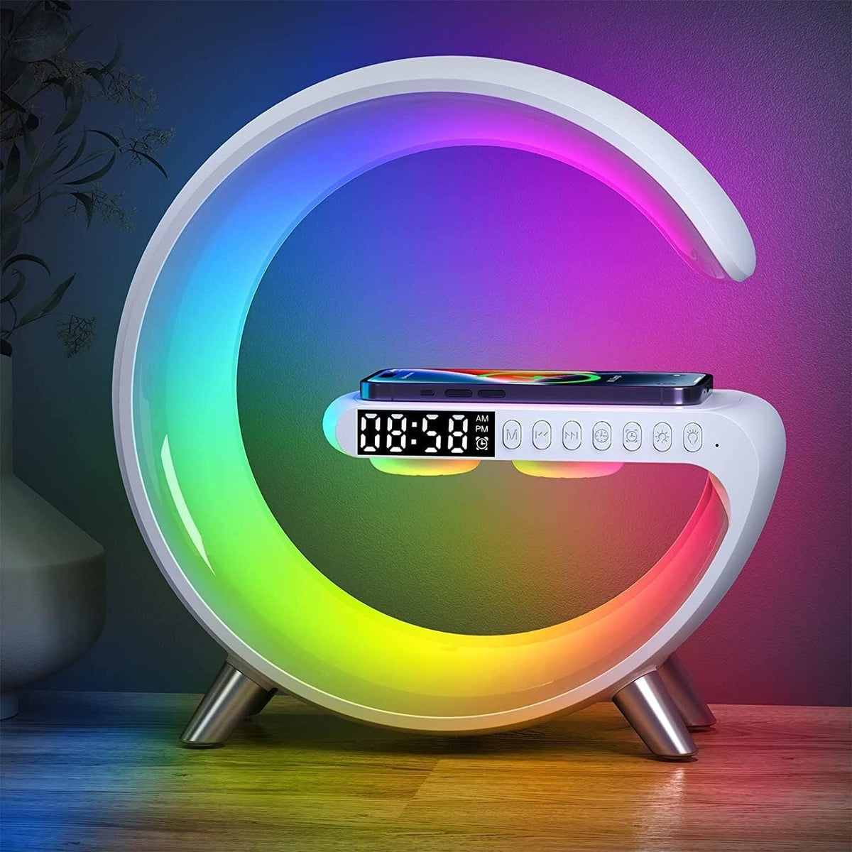 Smart alarm clock with digital display and colour-changing ring light