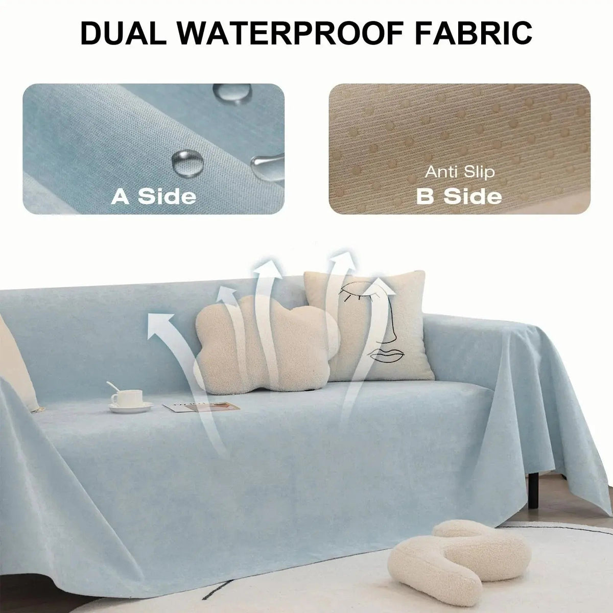 Light blue waterproof sofa cover draped over a sofa