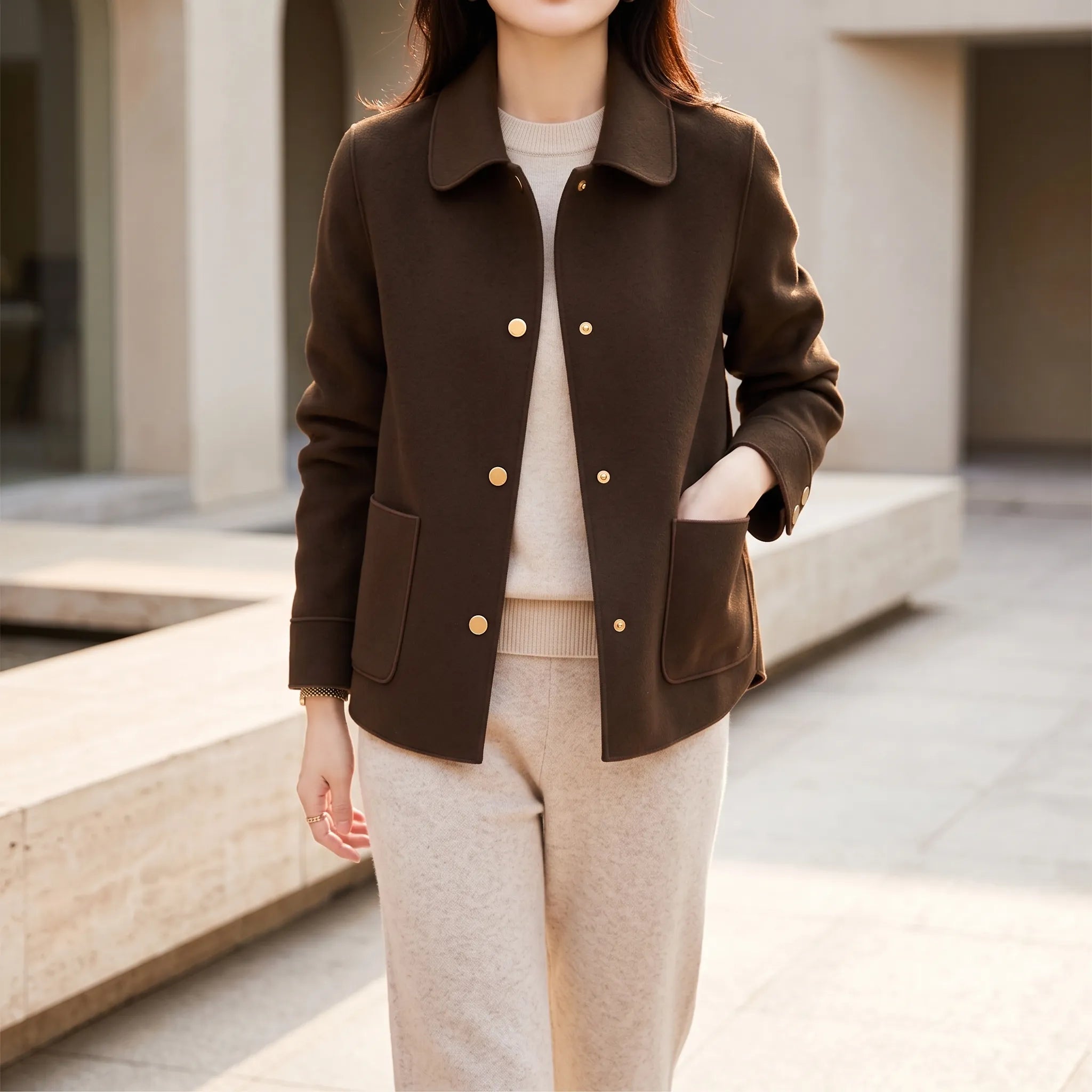 Avelis  - Short Button-Front Coat Daily Commuting