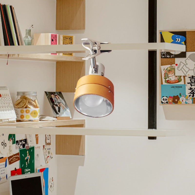 Round wood-effect clip table lamp with metal clamp