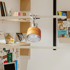 Round wood-effect clip table lamp with metal clamp
