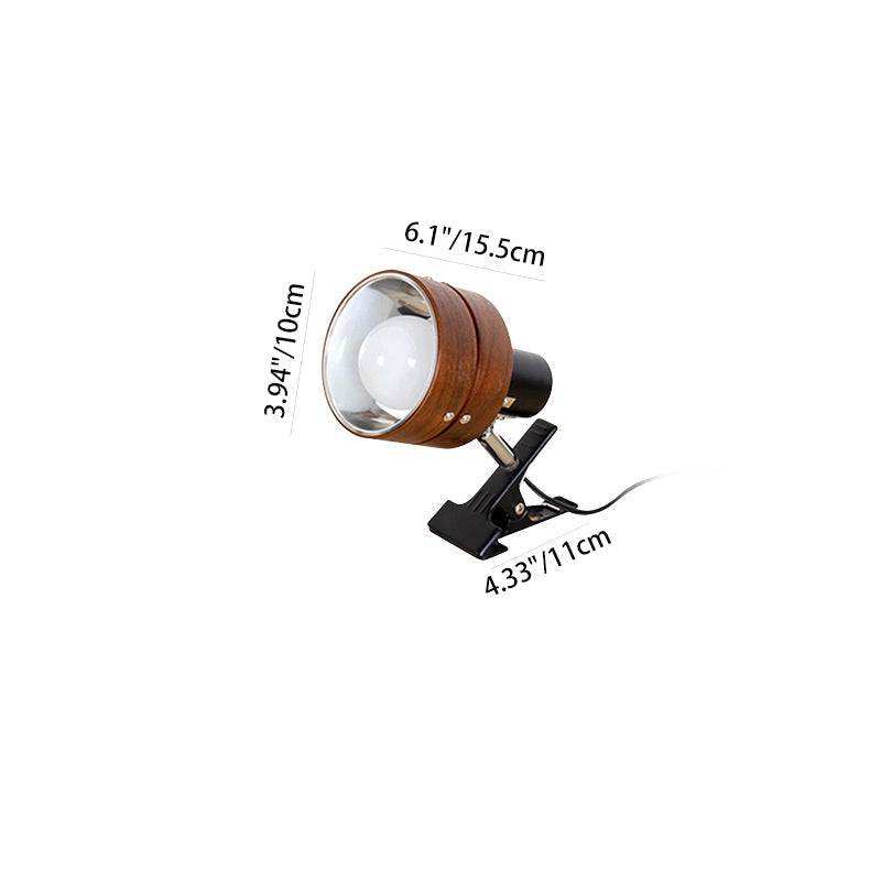 Round wood-effect clip table lamp with metal clamp
